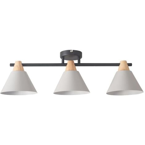 Giza Scandi 3 Way Matt Black and Wood Ceiling Light Fitting with Grey Cone Shades