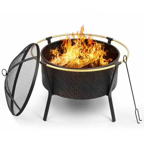 GIZCAM Feuerschale Eisen Feuerstelle Feuerkorb Fire Pit mit Funkenschutz & Feuerstock