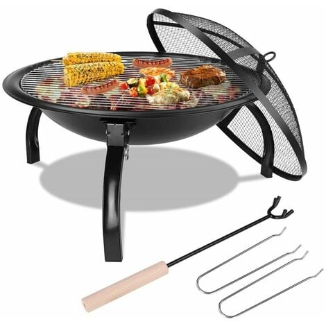 Gizcam Round Fire Pit with Grill Grate & Protective Grille, 54x54x43cm, Multifunctional Fire Pit for Heating / BBQ, Garden Patio Fire Bowl, Foldable & Portable Fire Basket & Grill, for Camping Picnic Garden