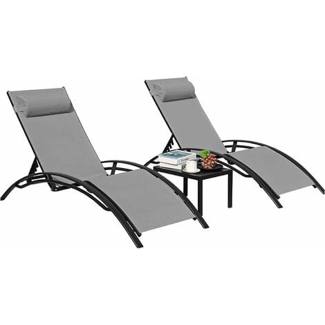 Gizcam Sun Lounger Recliner Set, 3 Piece Aluminum Chaise Lounges With 5 Adjustable Backrest, Head Cushion, Table, Reclining Chair For Outdoor Garden Backyard Patio Poolside
