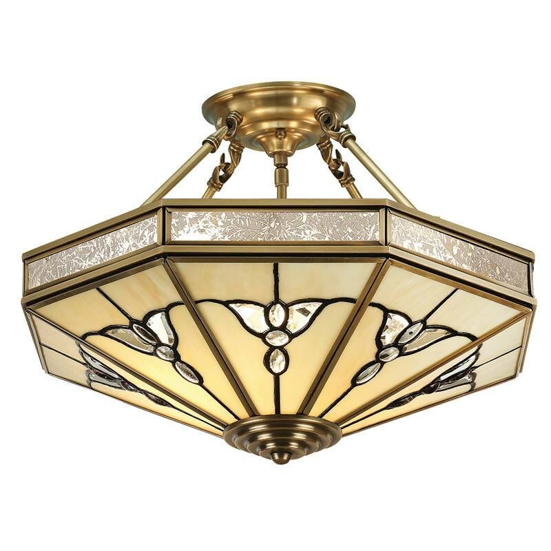 Interiors 190003P46 - 4 Light Semi Flush Ceiling Light Antique Brass, Tiffany glass, E27