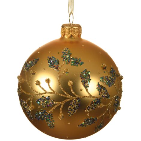 Glänzende goldene Weihnachtskugel mit Zweigen und Blättern Ø8 cm