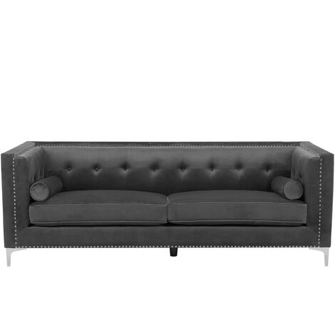 Glam 3 Seater Velvet Sofa Nailhead Trim Button Tufted Dark Grey Avaldsenes - Grey