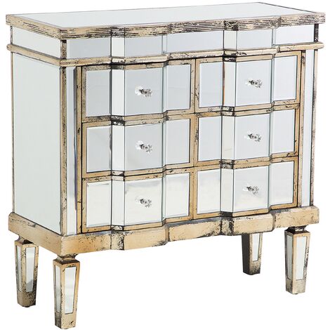 Glam Mirrored Sideboard 6 Drawers Silver Glass Gold Painted Distressed Mozela - Silver