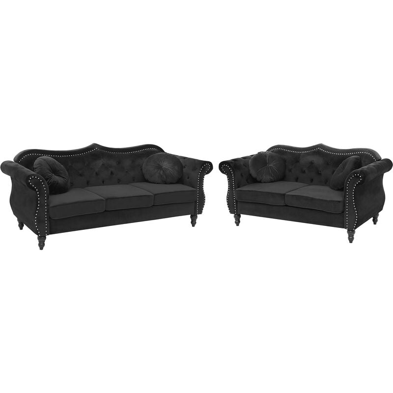 Retro Living Room Velvet Sofa Set 3 and 2 Seater Button Tufted Black skien