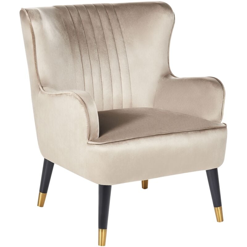 Beliani - Glam Velvet Wingback Armchair Black Legs with Gold Beige Varberg