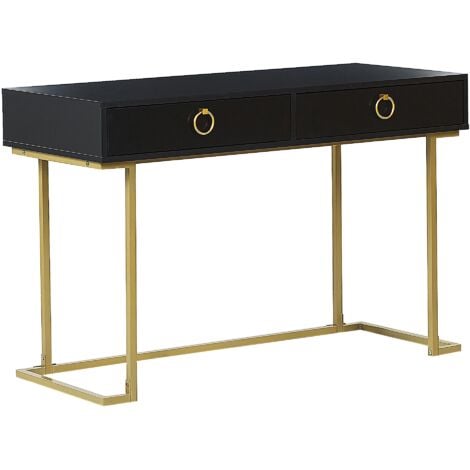 Glamour 2 Drawer Console Table Desk Gold Metal Base Ring Pulls Black 115 x 50 cm Westport