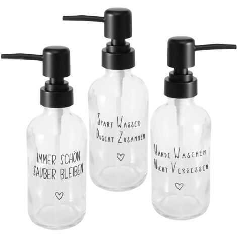 Glas Seifenspender nachfüllbar 250 ml mit Spruch - 3er Set - Design Pumpspender für Flüssigseife