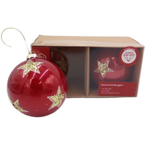 Glas-Weihnachtsbaumkugeln 2er-Set Christbaumkugeln Weihnachtsschmuck Deko 9cm  - rot / Stern