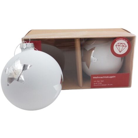 Glas-Weihnachtsbaumkugeln 2er-Set Christbaumkugeln Weihnachtsschmuck Deko 9cm  - weiß / Stern