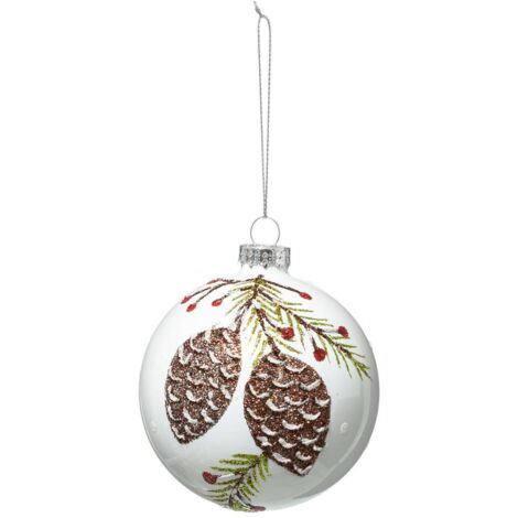Glas-Weihnachtskugeln 80 mm Pompon bedruckt 2 Sortimente - Weiß