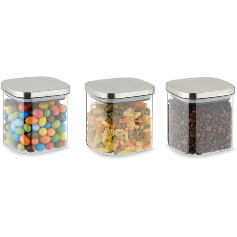 Glasbehälter mit Deckel, 3er-Set, 600 ml, quadratische Behälter, luftdicht, transparent/silber