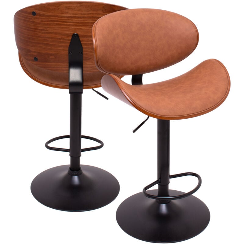 Glasgow - Juego de 2 taburetes de bar tapizados 52,5x94/115x40 cm en madera maciza y polipiel marrón