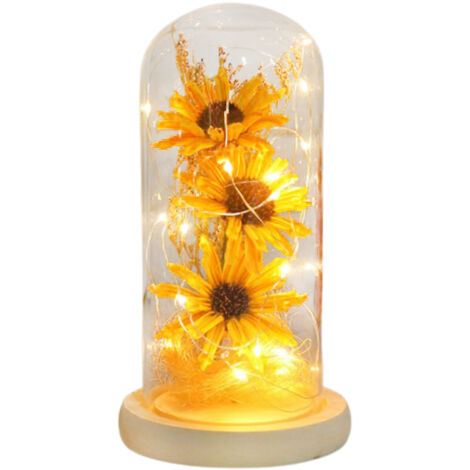 Glaskuppel mit künstlicher LED-Sonnenblume als Geschenk zum Valentinstag und Muttertag
