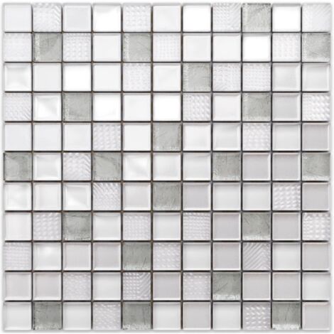 Glasmosaik auf Netz für Bad oder Küche 30cm x 30cm - Crushed white silver