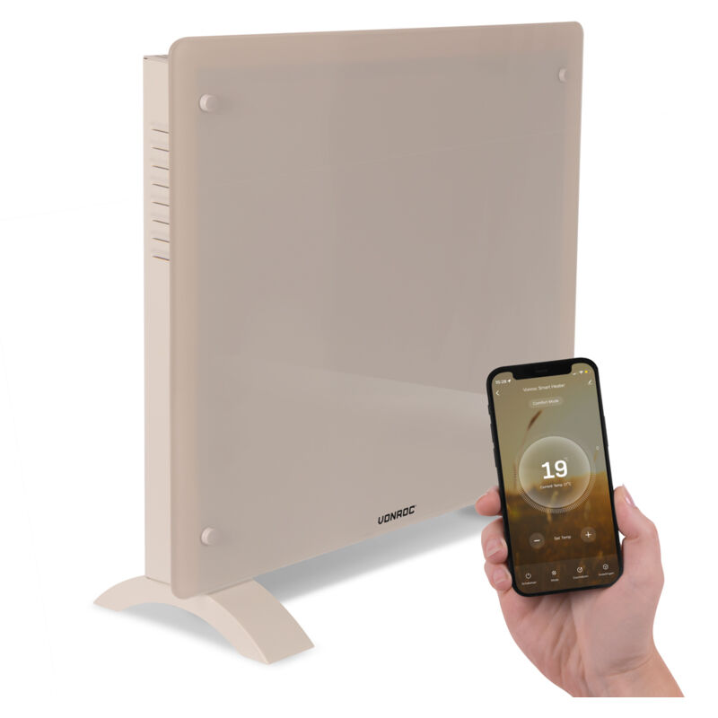Vonroc Glasplatten-konvektorheizgerät – 1000w - 12m2 – Manuelle Und Wlan-steuerung – Einstellbarer Thermostat Und Timer – Beige