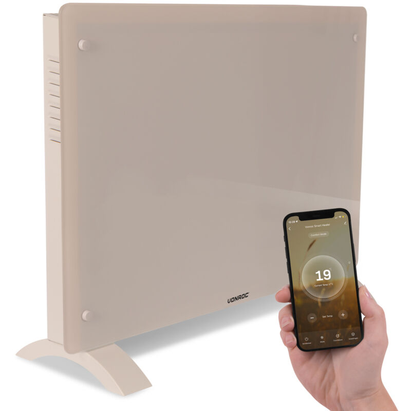 Vonroc Glasplatten-konvektorheizgerät – 1500w - 18m2 – Manuelle Und Wlan-steuerung – Einstellbarer Thermostat Und Timer – Beige