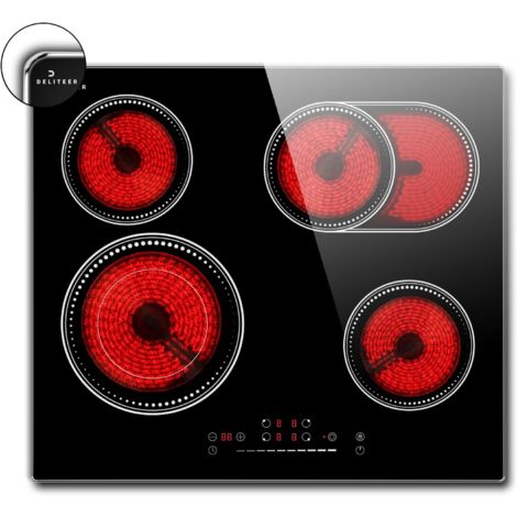 Glass Ceramic Hob 4 Plates, DELITEER Hob with Frame, Installation 60 cm, Hob Autark 6600 W, Slider Touch Control, Flexible Zone with Double and Oval Zone, No Plug