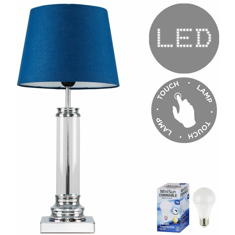 Glass Column Touch Table Lamp Small Tapered Shade & LED Bulb - Navy Blue