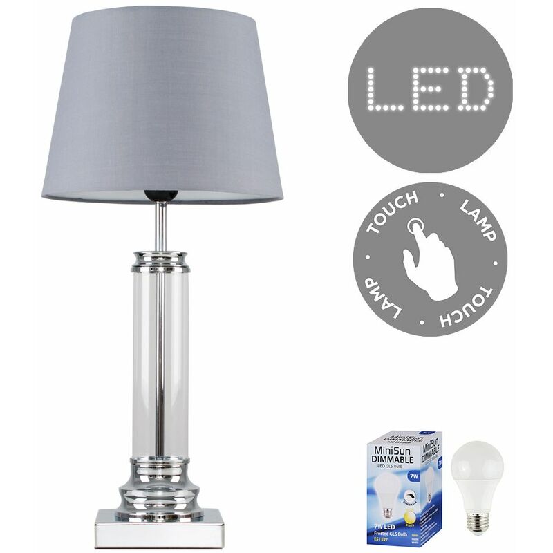 Glass Column Touch Table Lamp Small Tapered Shade & LED Bulb - Grey