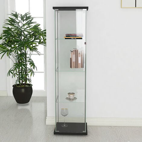 Glass Display Cabinet 4 Shelves with Door Floor Standing Curio Bookshelf for Living Room Bedroom Office 64” x 17”x 14.5” Black