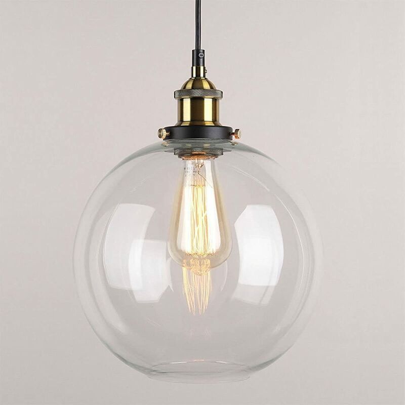 Glass Pendant Light Vintage Finish Industrial Metal Clear Glass Round Ball Shade Loft Pendant Lamp Retro Lamp Vintage Ceiling Light (Transparent,