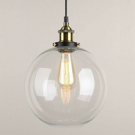 HOOPZI Glass Pendant Light Vintage Finish Industrial Metal Clear Glass Round Ball Shade Loft Pendant Lamp Retro Lamp Vintage Ceiling Light (Transparent, 20CM)
