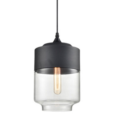 Glass Pendant Light, Vintage Industrial Hanging Ceiling Lamp Metal Finish Chandelier with Transparent Glass Lampshade for Kitchen Island Dining Room Black - Ø18cm Cylindrical