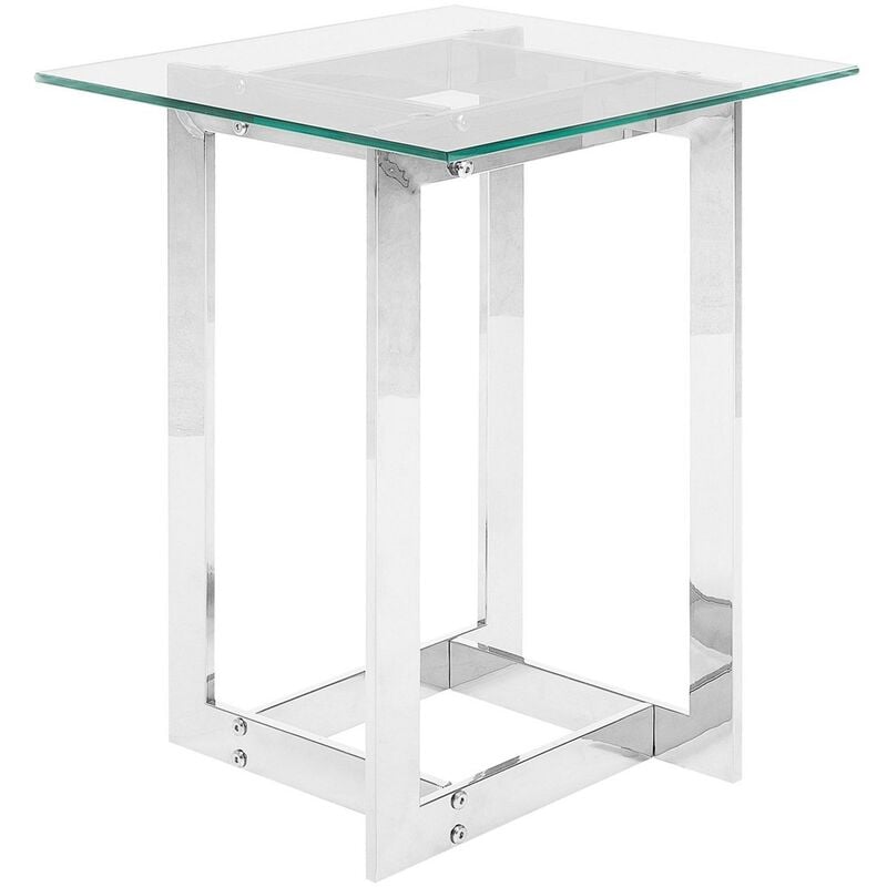Modern Side Table Clear Tempered Glass Square Top Metal Silver Base Crystal - Silver
