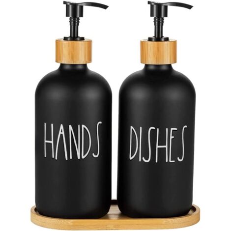Glass Soap Dispenser Set of 2, Glass Soap Dispenser Bottle with Pump, 16 Oz Refillable Liquid Hand Jar Dispenser for Bathroom, Countertop, Kitchen, Laundry Room (Black)