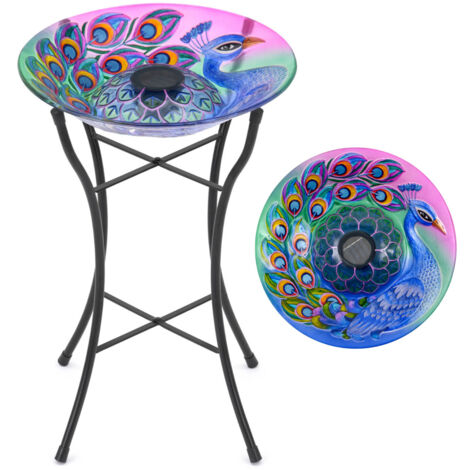 Glass Solar Bird Bath With Stand - Peacock