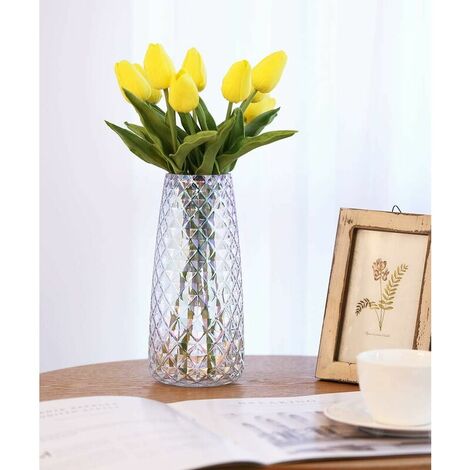 Glass Vase, 8.7 Inch Decorative Floral Vase Flower Plant Bud Pot Wedding Christmas, Modern Elegant Indoor Vase for Home Decor Living Room Office Kitchen Table Ornament - Iridescent