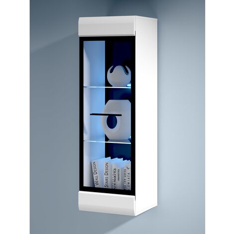 IMPACT FURNITURE Glass Wall Display Cabinet with LED Lights Wall Unit White High Gloss Fever