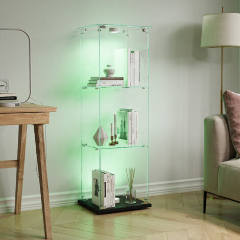 Glasvitrine 39.8 x 35 x 123.3 cm, verstellbare LED-Beleuchtung, 3 Einlegeböden und 1 Tür, Schrankvitrine, gehärtetes Glas, 360°-Transparenz, Schwarz