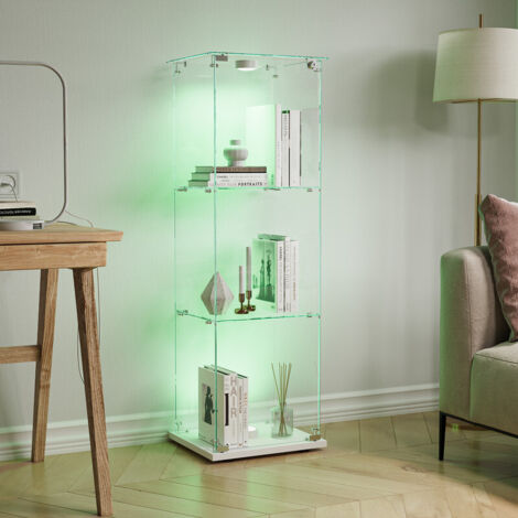 Glasvitrine 39.8 x 35 x 123.3 cm, verstellbare LED-Beleuchtung, 3 Einlegeböden und 1 Tür, Schrankvitrine, gehärtetes Glas, 360°-Transparenz, weiß