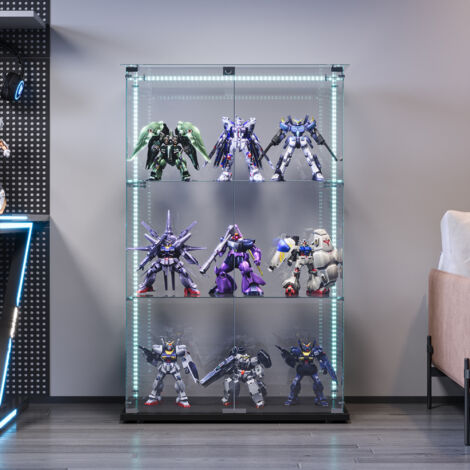 ROSAHQNDA Glasvitrine, Doppeltür-3-Schicht-Schrank, Standvitrine für Sammlerstücke, Schließfächer mit Schloss und Lichtleiste, für Wohnzimmer, Schlafzimmer, Büro, Weiß