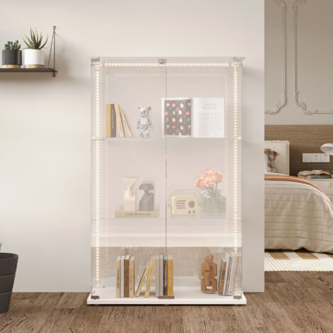 Glasvitrine, Doppeltür-3-Schicht-Schrank, Standvitrine für Sammlerstücke, Schließfächer mit Schloss und Lichtleiste, für Wohnzimmer, Schlafzimmer, Büro, Weiß