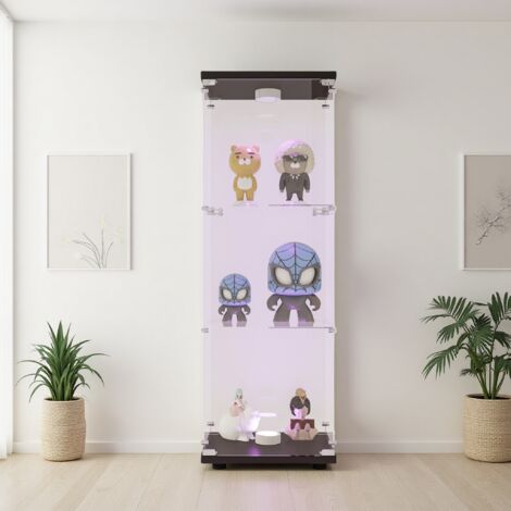 Glasvitrine mit 3 Ebenen, 125 x 43 x 37 cm – schaltbare LED-Beleuchtung, abschließbar, aus gehärtetem Sicherheitsglas, geeignet für Wohnzimmer, Schlafzimmer und Büro – Schwarz
