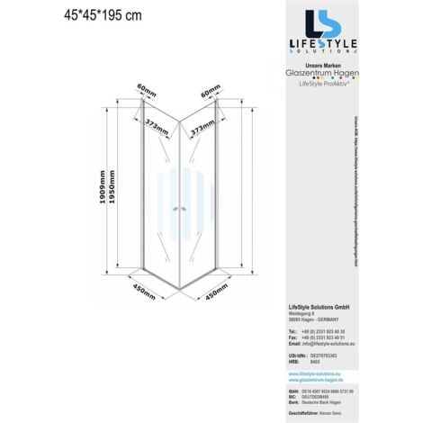 Glaszentrum Hagen - 45x45x195cm - Paroi de douche d'angle - Douche - Taille spéciale