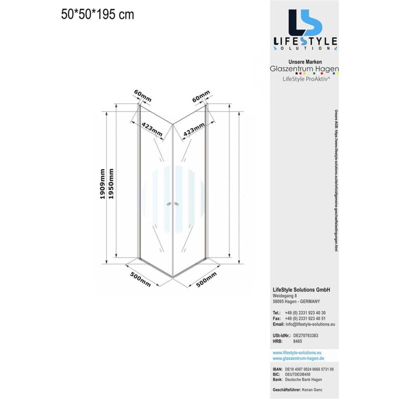 Glaszentrum Hagen - 50x50x195cm - Cabine de douche d'angle - Douche - Dimensions speciales