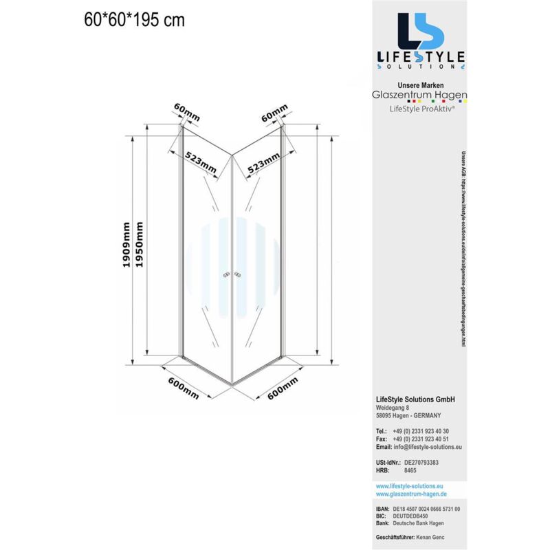 Glaszentrum Hagen - 60x60x195cm - Cabine de douche d'angle - Douche - Dimensions speciales
