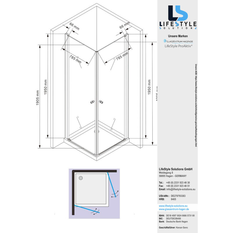 Glaszentrum Hagen - 90x90x195cm - Cabine de douche Zeus - 8mm - Verre esg