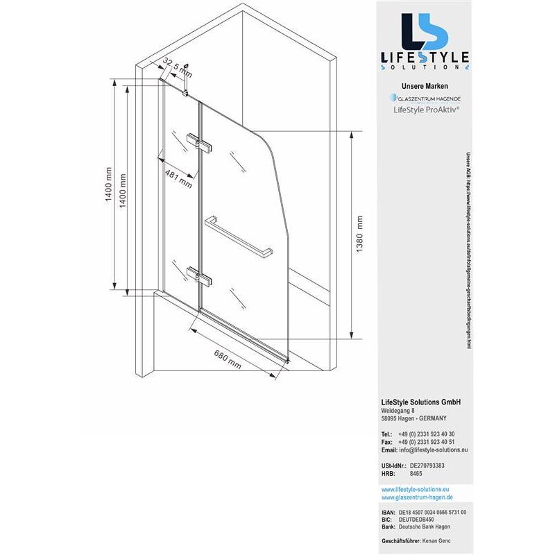 Glaszentrum Hagen - accessoire de baignoire - parois pliantes de baignoire - paroi d'aile 120x140cm - h - Transparent