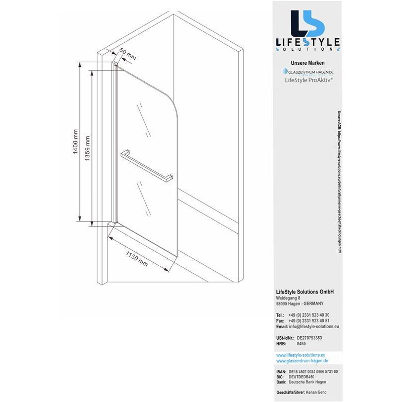 Glaszentrum Hagen - accessoire de baignoire - parois pliantes de baignoire - paroi d'aile 120x140cm - Transparent