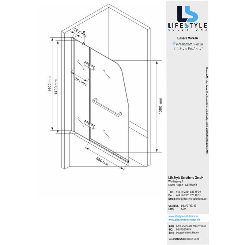 Glaszentrum Hagen - accessoire de baignoire - parois pliantes de baignoire - paroi d'aile 100x140cm - H
