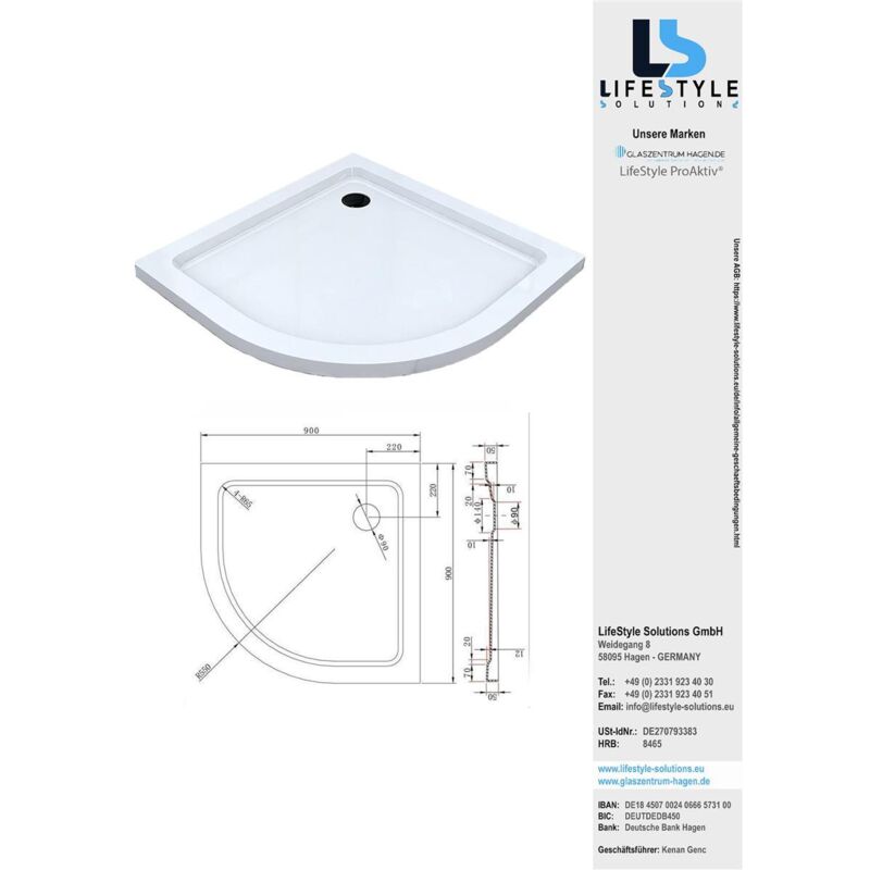 Glaszentrum Hagen - Receveur de douche 'Acryla' receveur de douche pour salle de bain super plat 5cm 90x90x5cm Avec siphon
