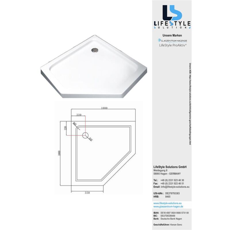Glaszentrum Hagen - Receveur de douche 'Acryla' receveur de douche pour salle de bain super plat 5cm 90x90x5cm (hexagonal) avec siphon