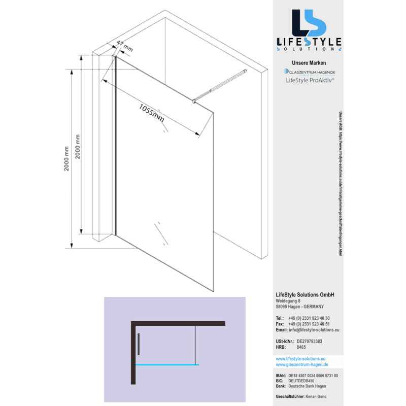 Glaszentrum Hagen - Type-WH] Cabine de douche à l'italienne 110x200 cm finition satinée - douche avec profilé en aluminium blanc