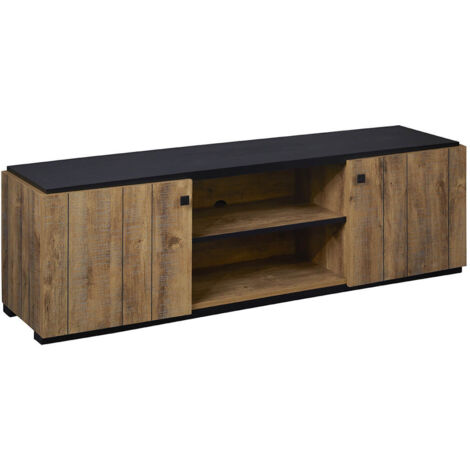 GLESS - Meuble TV 2 Portes et 2 Niches Noir et Aspect Bois
