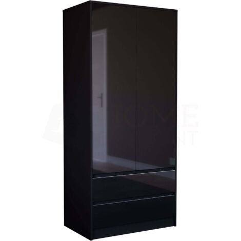 Glinton 2 Door 2 Drawer Wardrobe High Gloss With Hanging Rail & Storage Shelf, 100% FSC, Black